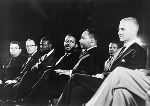 This photo shows from right, G. Homer Durham, Martin Luther King, Jr., Ralph Abernathy, an unidentified participant, Rev. Louis Eaton and Msgr. Robert Donahoe at Goodwin Stadium, Arizona State University. Arizona State University archivists have found that tape is the only known recording of speeches the slain civil rights leader gave at ASU and at a Phoenix church in June 1964. The hour-long audio has since been digitized and is now available for listening on ASU's website through June 30.